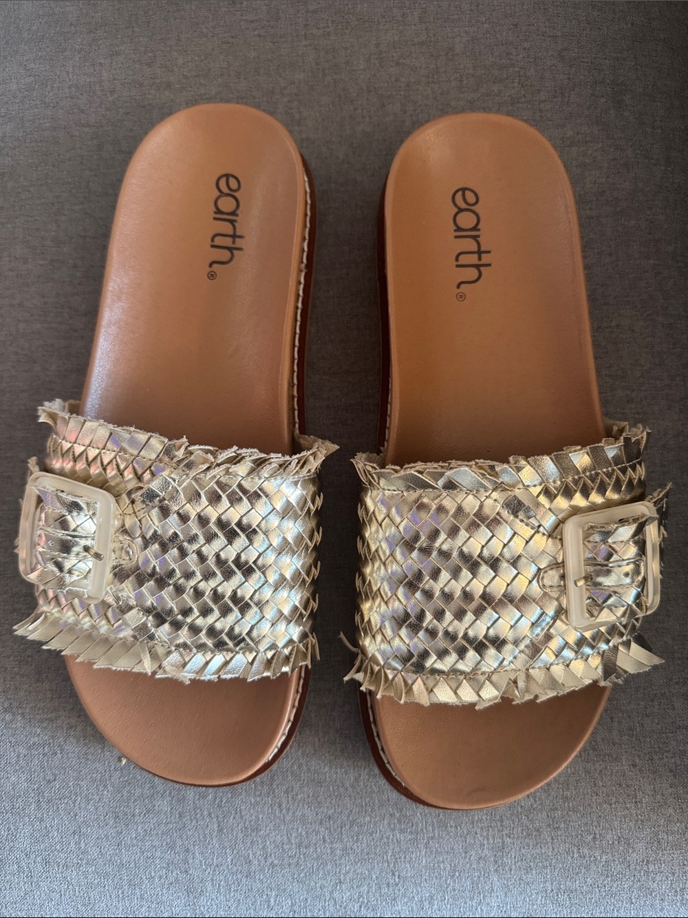 Earth Metallic Gold Woven Buckle Slide Sandals - Picture 2 of 3